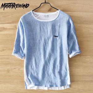 Natural Life Man New Fashion Summer Tshirts Beach Causal Loose T-shirt Round Neck Fish Embroidery Pure Linen Short Sleeve T-shirt Youth Men Clothing Tops&tees S wit