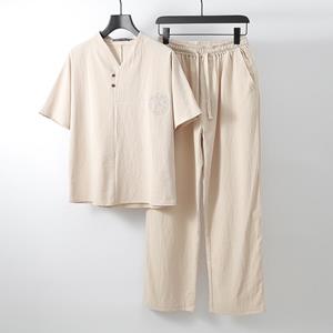 LAOHU Herenkleding Grote maten Trainingspak Zacht Echtgenoot Zomerpak Linnen T-shirt Modeset Chinese Stijl Plus Size 9XL zwart