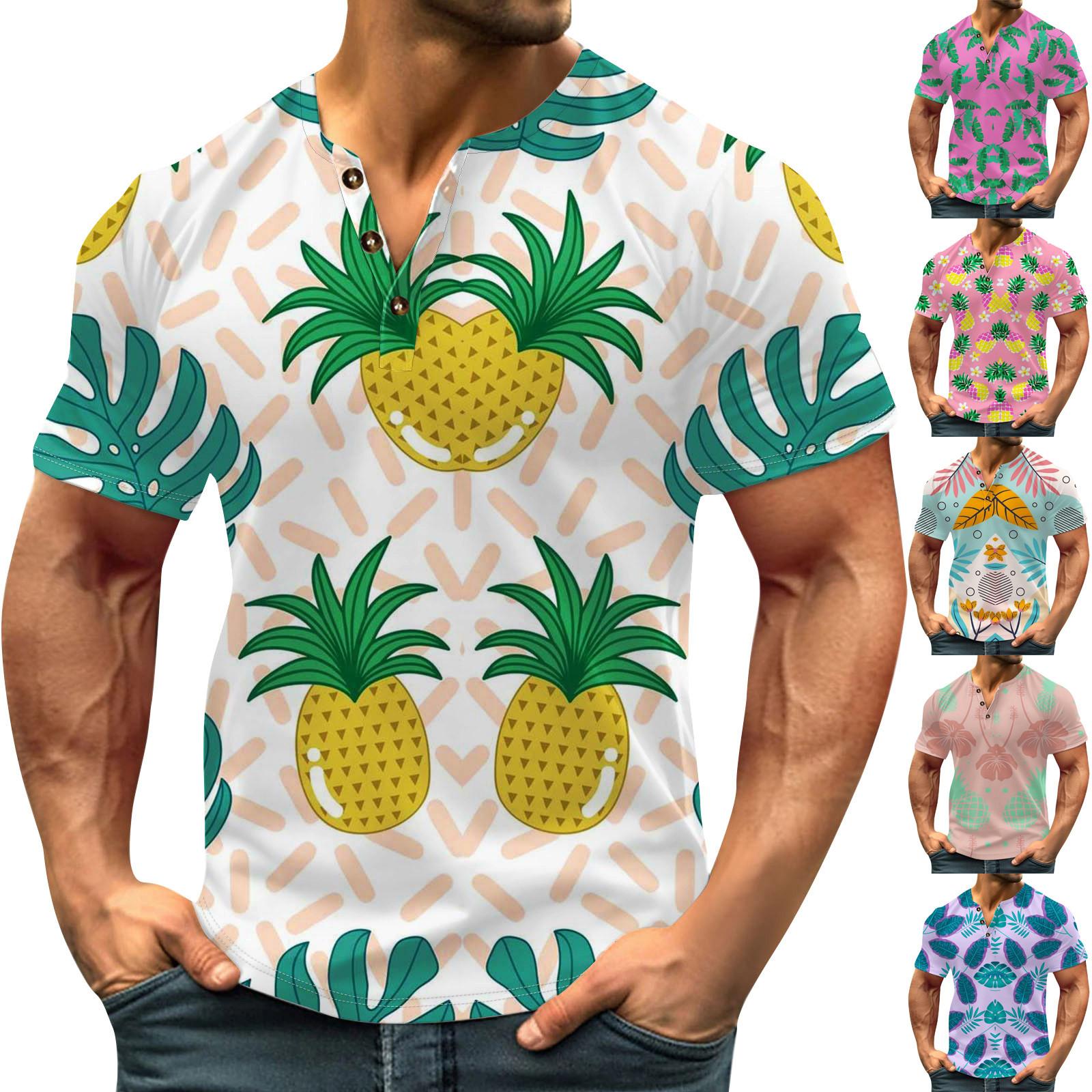 ZuiBaDuDu Vintage zomer heren T-shirt streetwear 3 knoppen open vlieg losse kleding print korte mouw T-shirt L groen