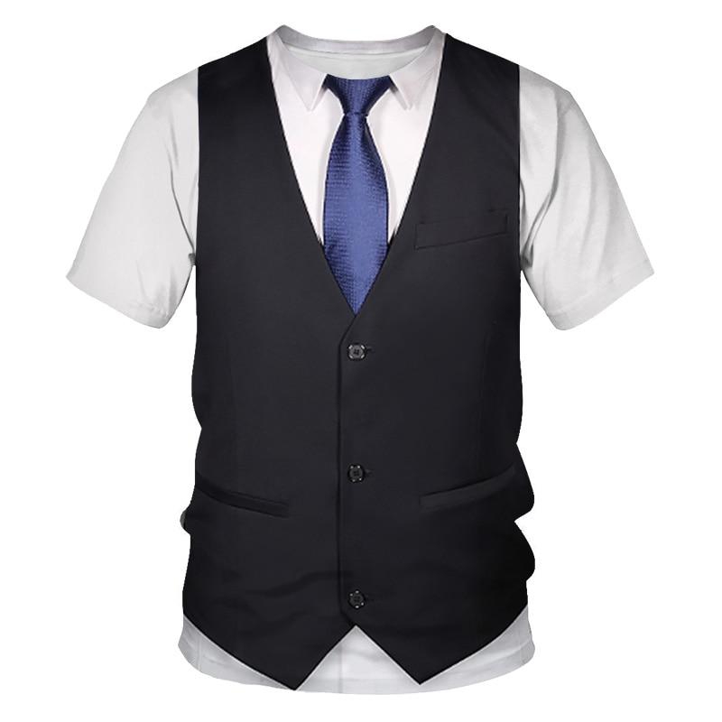Chengyu Mode Persoonlijkheid Nep Pak Mannen T-shirts Hip Hop Trend Alternatieve Grappige Streetwear 3D Gedrukt O-hals Korte Mouw Tees XXS