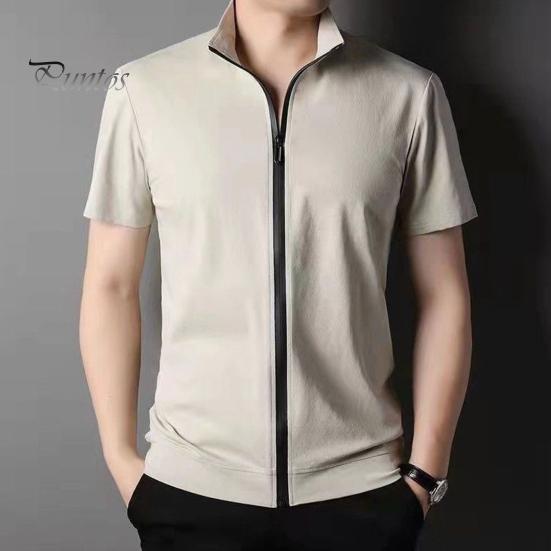 SOUTONG Heren Zomer Shirt Cardigan Ritssluiting Opstaande Kraag Effen Kleur Slim Fit Rekbaar Goed Ademend Casual Dagelijks Dragen Sport Tennis Golf Kantoor L zwart