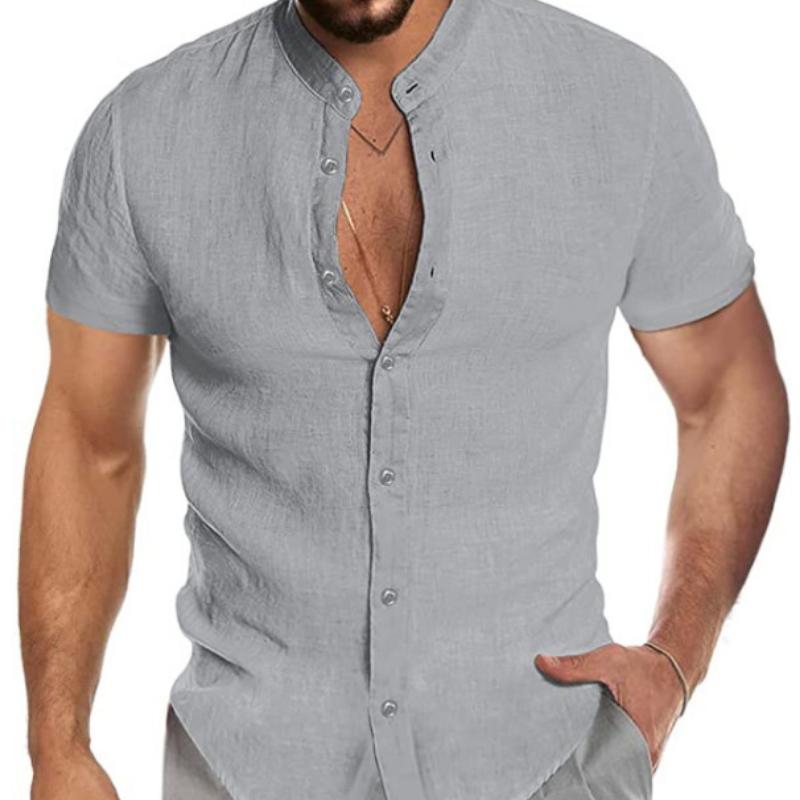 WowClassic Heren Losse Plus Size Top Zomer Effen Kleur Shirt Katoen Linnen Revers Korte Mouw Casual Shirts Herenkleding M wit