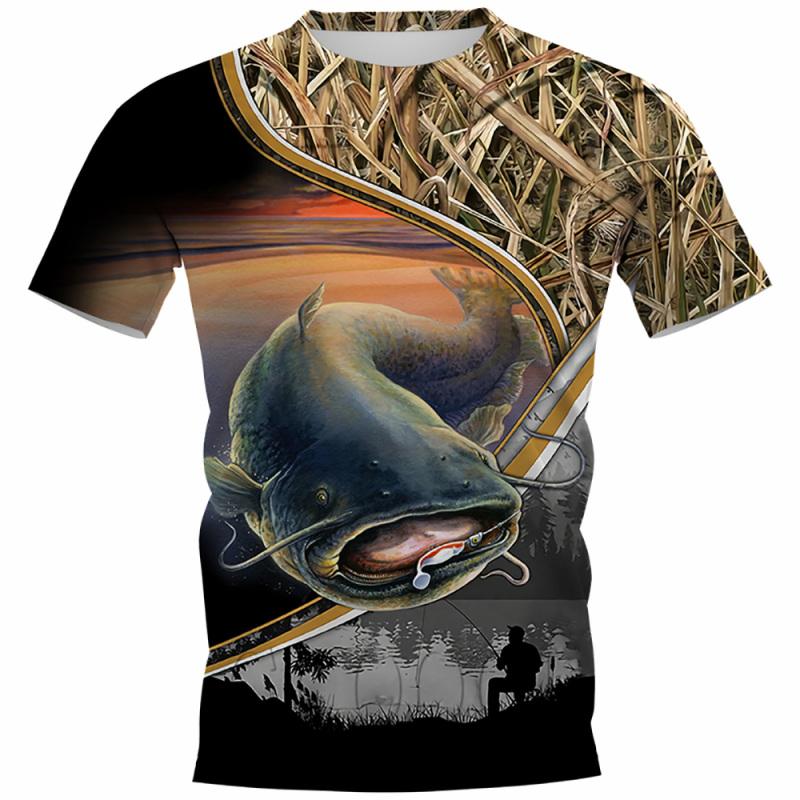 The second face a man Zomer karpervissen print T-shirts voor heren Outdoor meerval print losse korte mouwen snel drogend T-shirt casual straat top XL wit
