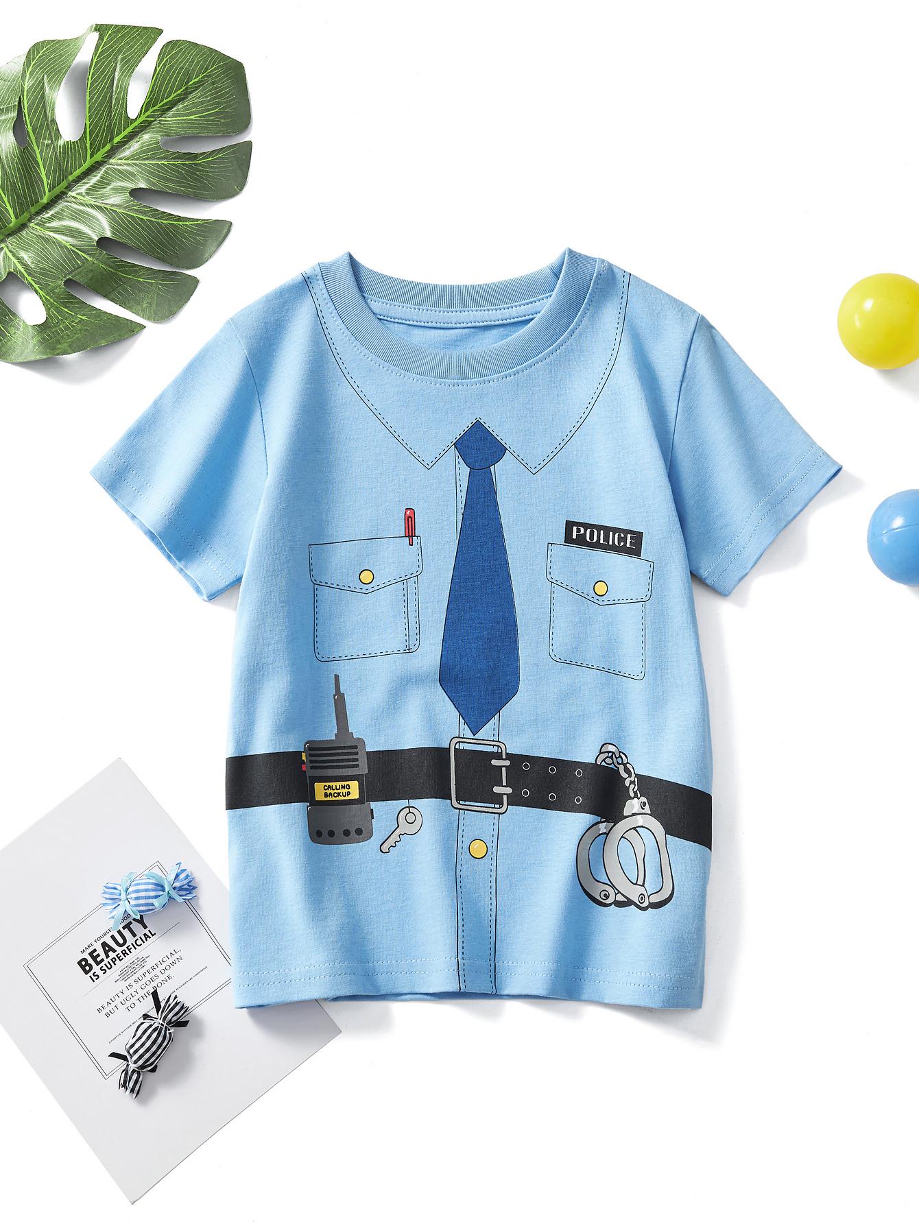 Xuhaijian02 Jongens casual katoenen korte mouwen T-shirt top cartoon politie stijl print zomer ademend eenvoudige stijl 100 blauw