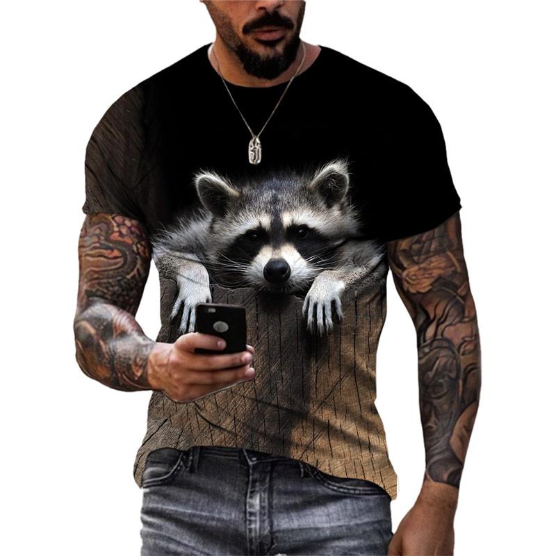 ETST 012 Nieuwe 3D schattige grappige wasbeer grafische t-shirts Zomermode Heren Casual Ronde Hals T-shirts 3D Dierenpatroon Bedrukte Korte Mouw Tops S