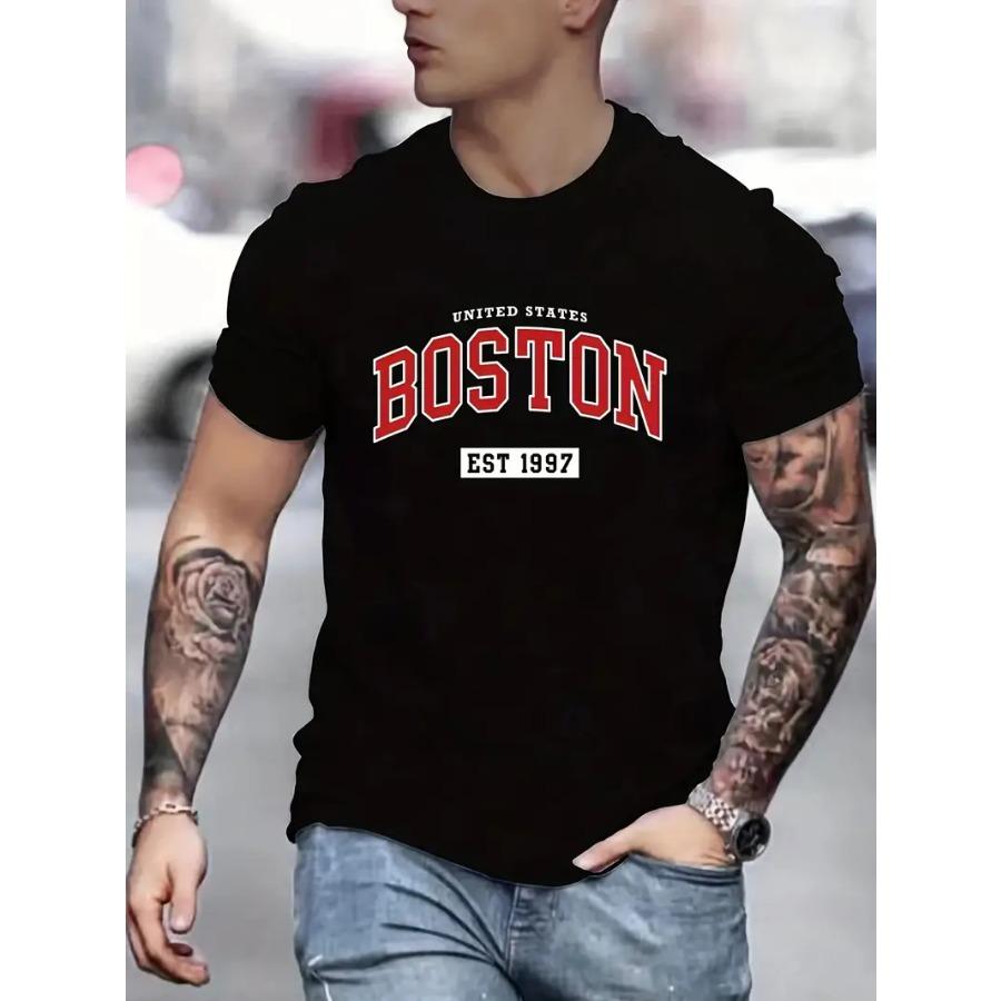 WowClassic Stijlvol Boston Letter Print Crew Neck T-shirt - Zacht licht stretch polyester All-season kleding voor outdoor- en straatmodeliefhebbers S zwart