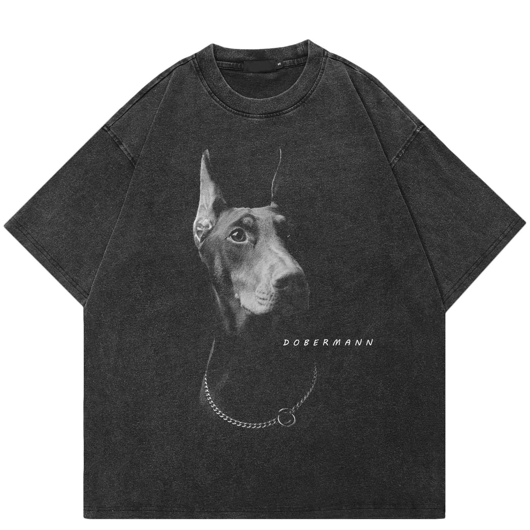 AKIN QUARTER 24 Streetwear Dobermann Gewassen Unisex T-shirt Katoenen T-shirt Unisex Tops Tees Zomer Korte Mouwen T-shirt S zwart