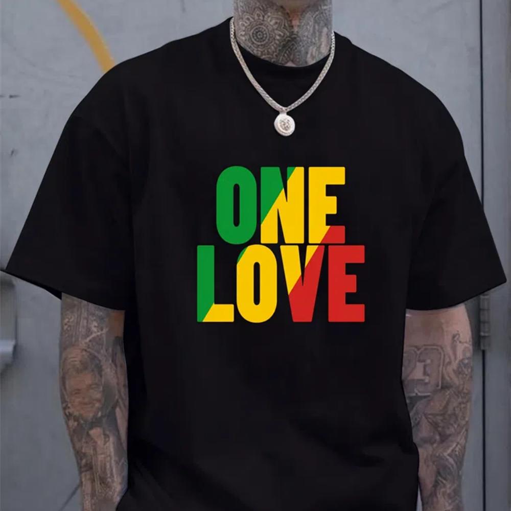 WE BELIEVE One Love Rasta Jamaicaanse Reggae Stijl Heren T-shirt Zomer Dagelijks Casual Heren T-shirt Outdoor Straatmode Heren Top met korte mouwen XS zwart