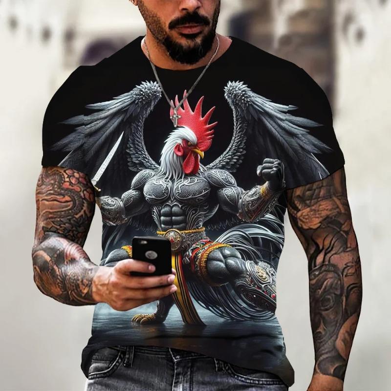 ForYourBeauty 3D Print Heren T-shirts Losse pasvorm Creatieve dieren Grafische haan Heldenprint T-shirt voor heren Grappige mode Herenkleding Zomer S