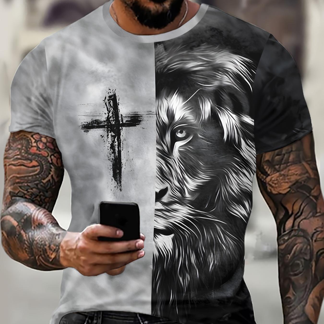 ETST WENDY 005 Heren zomer 3D kruis en leeuw print T-shirt, korte mouw, casual grafische T-shirt voor dagelijks gebruik S