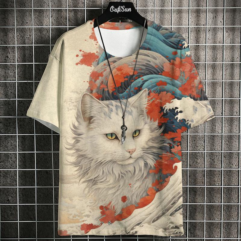 ETST 07 Cartoon Anime Kat Bedrukt T-shirt Voor Mannen Japanse T-shirts Wolf T-shirt Outdoor Hip Hop Tops Kleding Casual Losse Korte Mouw T-shirts XL