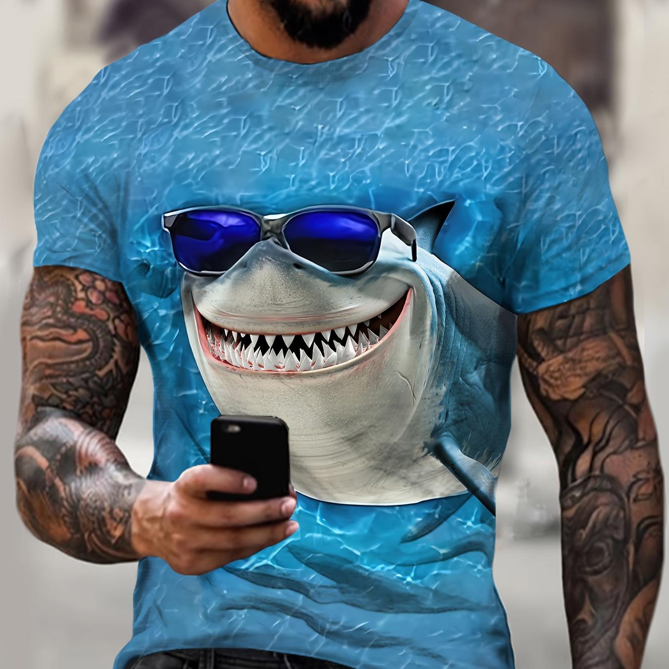 ETST 03 Grappige haai 3D grafische print heren nieuwigheid korte mouwen ronde hals T-shirt, zomer strandfeest S