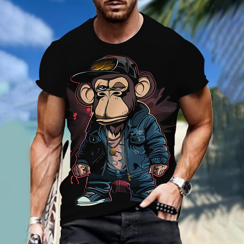 ETST 007 Heren T-shirts Cartoon Monkey 3D Print T-shirt Casual Korte Mouw Ronde Hals T-shirts Oversized Herenkleding Tops Outdoor Streetwear S