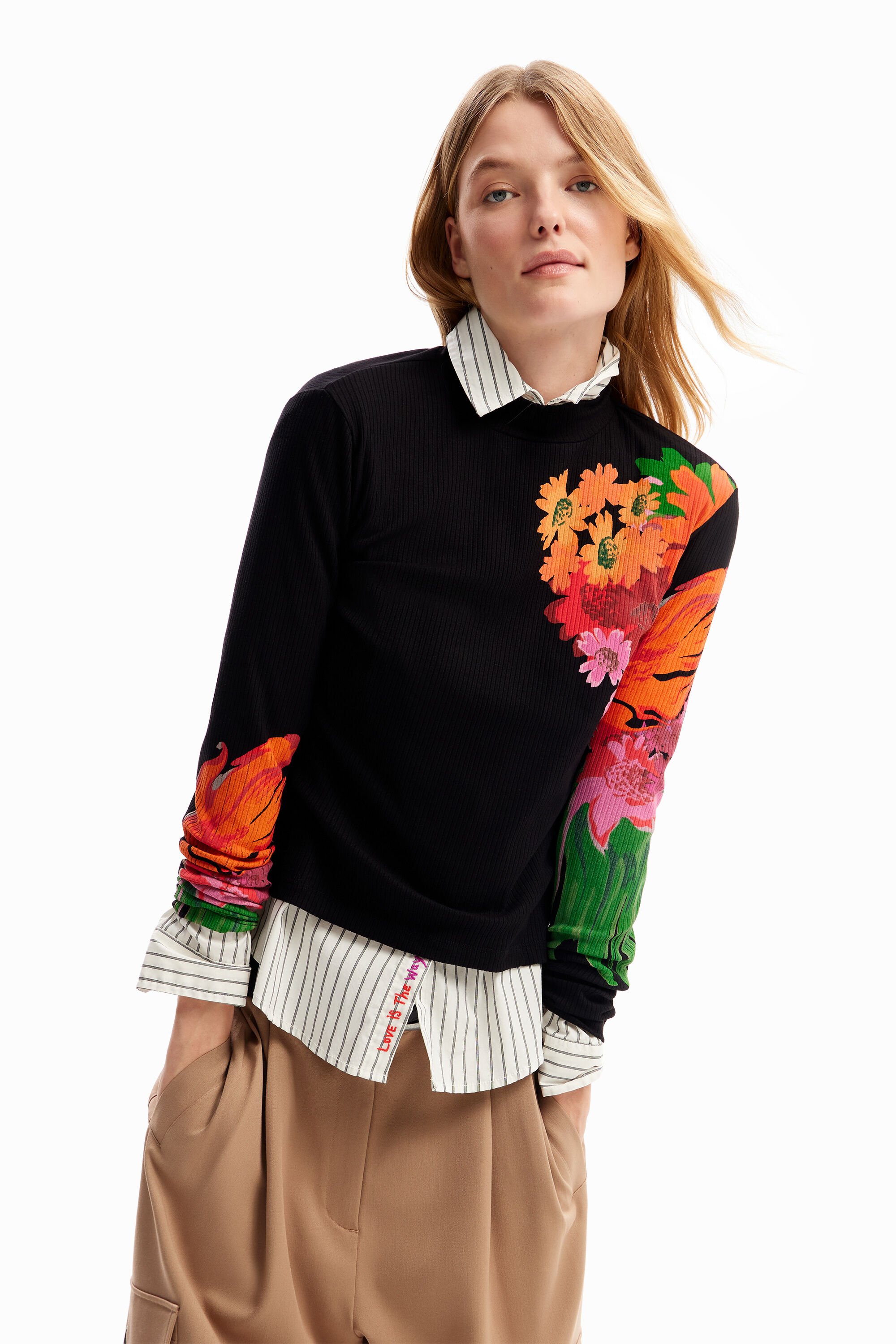 Desigual Geribd T-shirt bloemen - BLACK