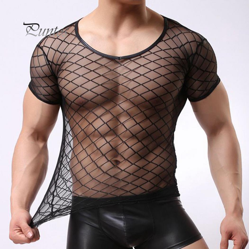 SOUTONG Nachtclub Heren Mesh T-shirt met korte mouwen Doorzichtige opengewerkte top XL