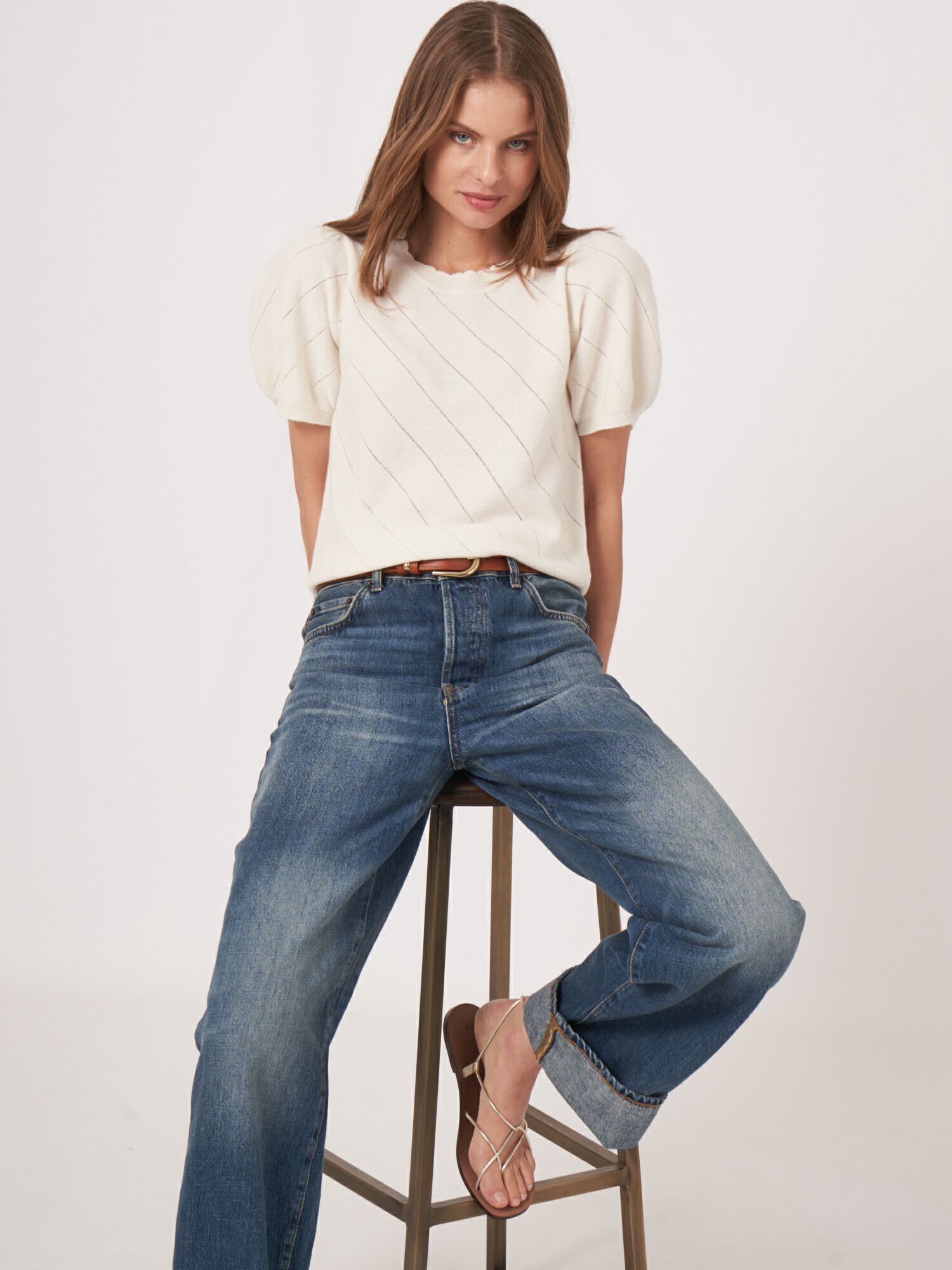 REPEAT cashmere Pointelle cashmere trui met korte pofmouwen