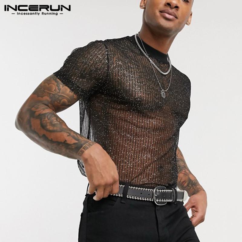 INCERUN doorzichtige zomerse, ademende clubwear tops voor heren met korte mouwen XL zwart