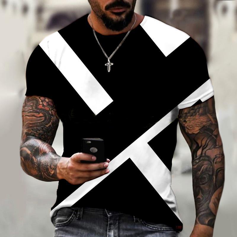 Chengyu Heren T-shirt Trendy Design Zwart-Wit Kleur Kunst 3D Geprint Oversized Ronde Hals Tops Losse Casual Eenvoudige Stijl Korte Mouw T-shirts XXL