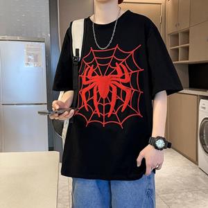 VantaGoods Heren 2024 Zomer Spider-Man Geborduurd Retro T-shirt, 220g Katoen, Vijfpunts Mouw XL rood