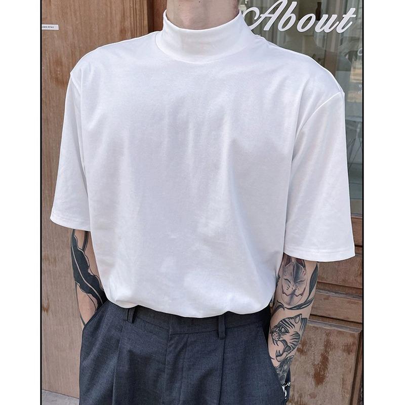 VantaGoods Trendy zomerse losse halfhoge kraag T-shirts met korte mouwen voor heren Large wit