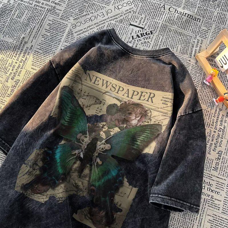VantaGoods Heren Retro Butterfly Heavy-Washed T-shirt met korte mouwen