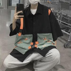 VantaGoods Unisex Retro Cool Street-Style Spliced Shirt met Korte Mouwen - Europese en Amerikaanse Hong Kong Zomer Trend M zwart
