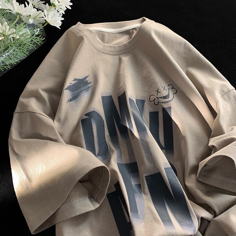 VantaGoods Vintage Retro T-shirt met korte mouwen voor heren: Los, trendy, all-match, zwaargewicht, vlekkerig letterontwerp voor de zomer 3XL