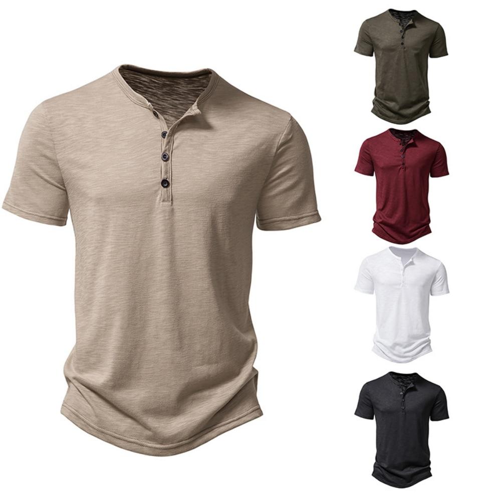 King Billion Henley kraag zomer heren casual effen kleur korte mouw t-shirt voor heren polo heren katoenen heren t-shirts US S(50-60KG) zwart