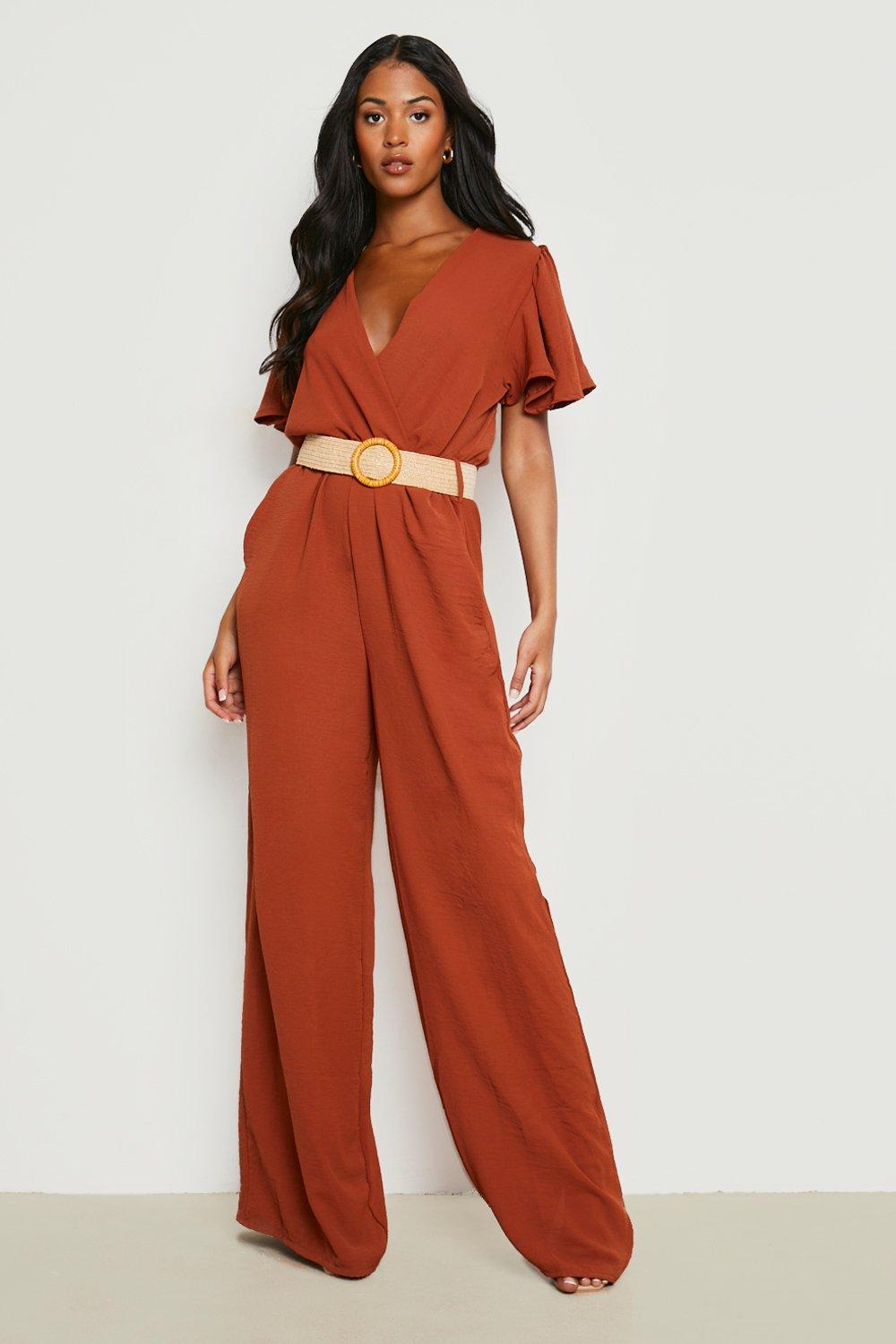 Boohoo Tall Jumpsuit Met Ceintuur En Engelenmouwen, Rust