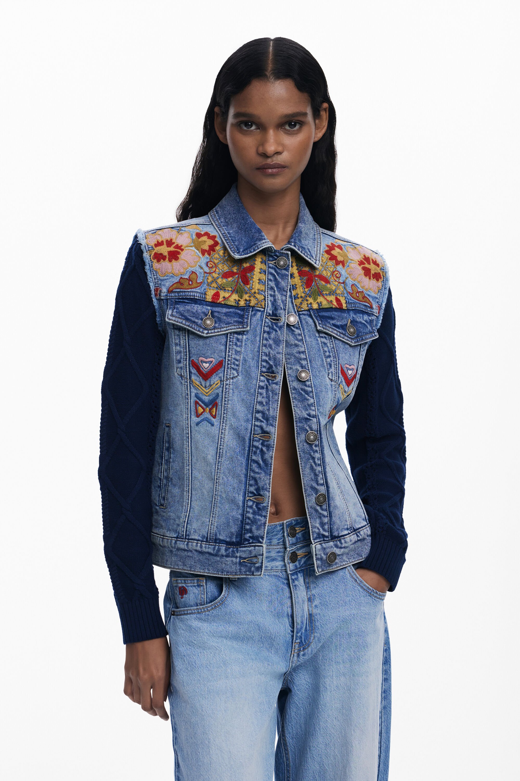 Desigual Combined Trucker Jacket with embroidery - BLUE