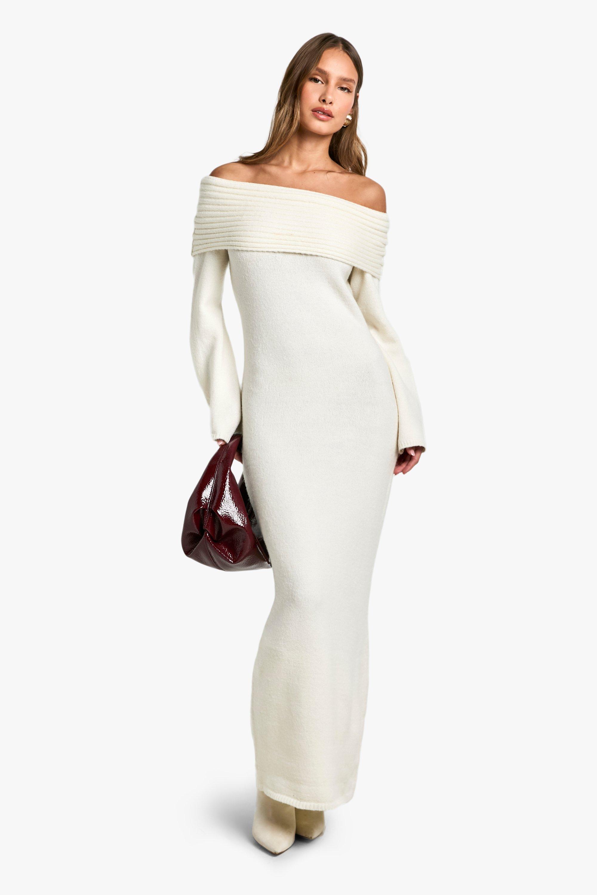 Boohoo Oversized Geribbelde Zachte Gebreide Trui Jurk Met Uitgesneden Hals, Ecru