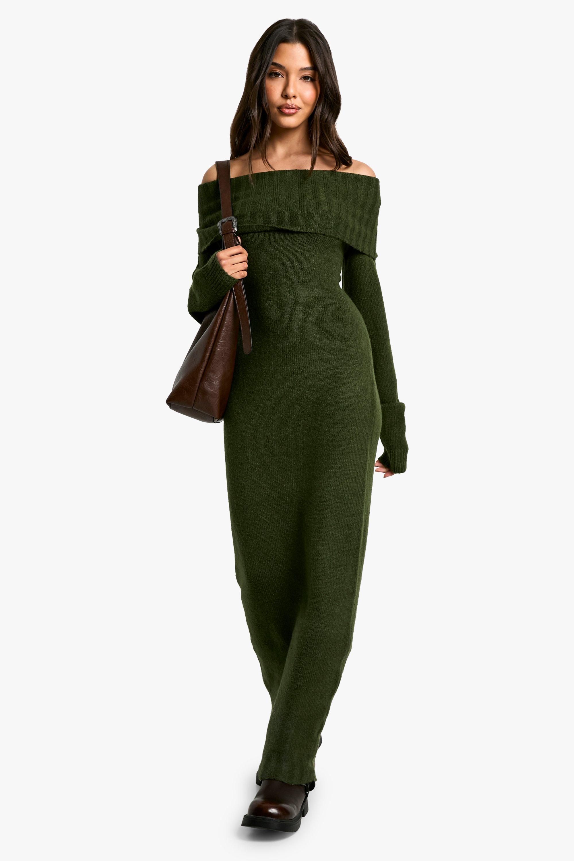 Boohoo Premium Oversized Maxi Trui Jurk Met Uitgesneden Hals, Forest