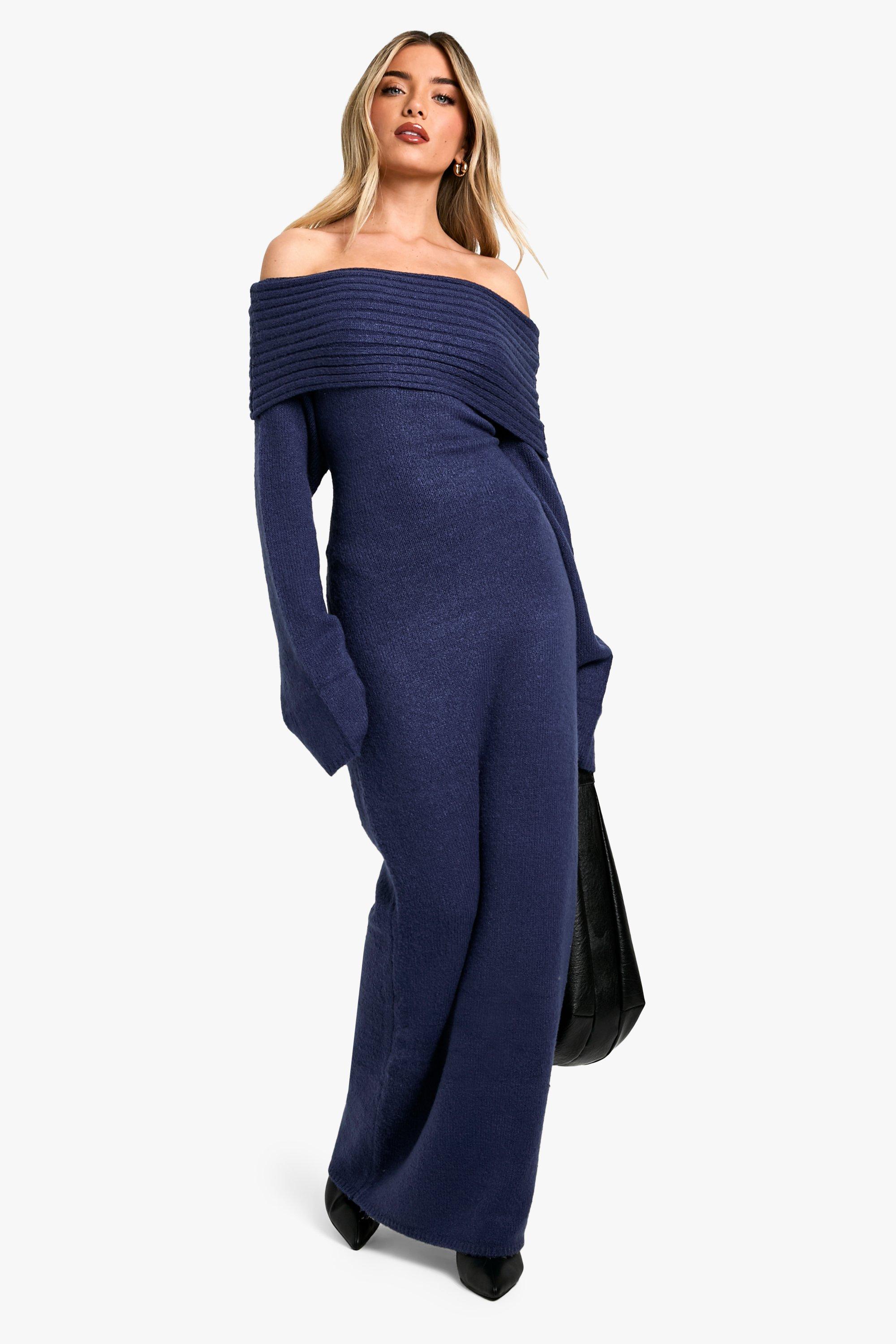 Boohoo Oversized Geribbelde Zachte Gebreide Trui Jurk Met Uitgesneden Hals, Navy