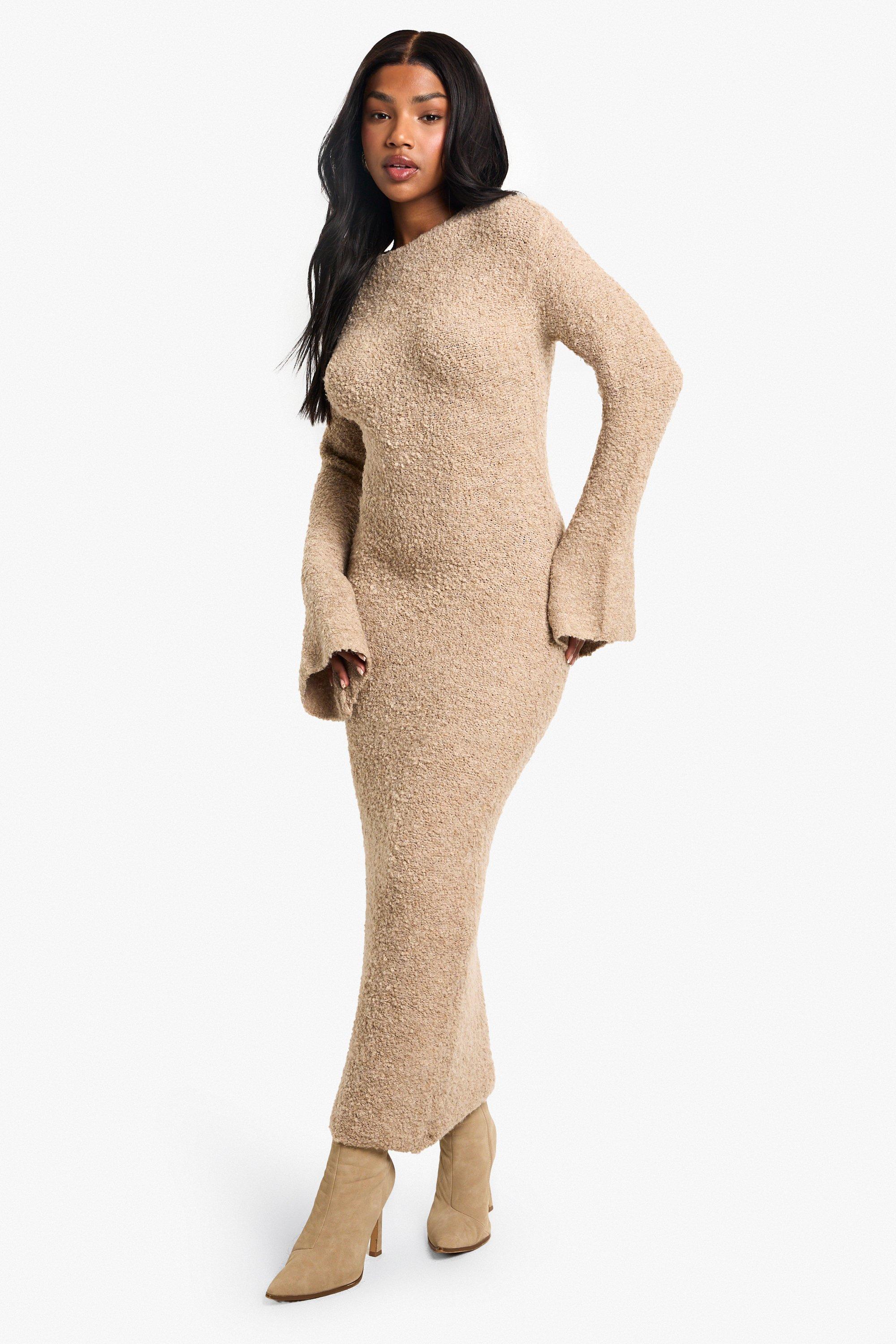 Boohoo Gebreide Pluizige Maxi Jurk Met Wijde Mouwen, Camel