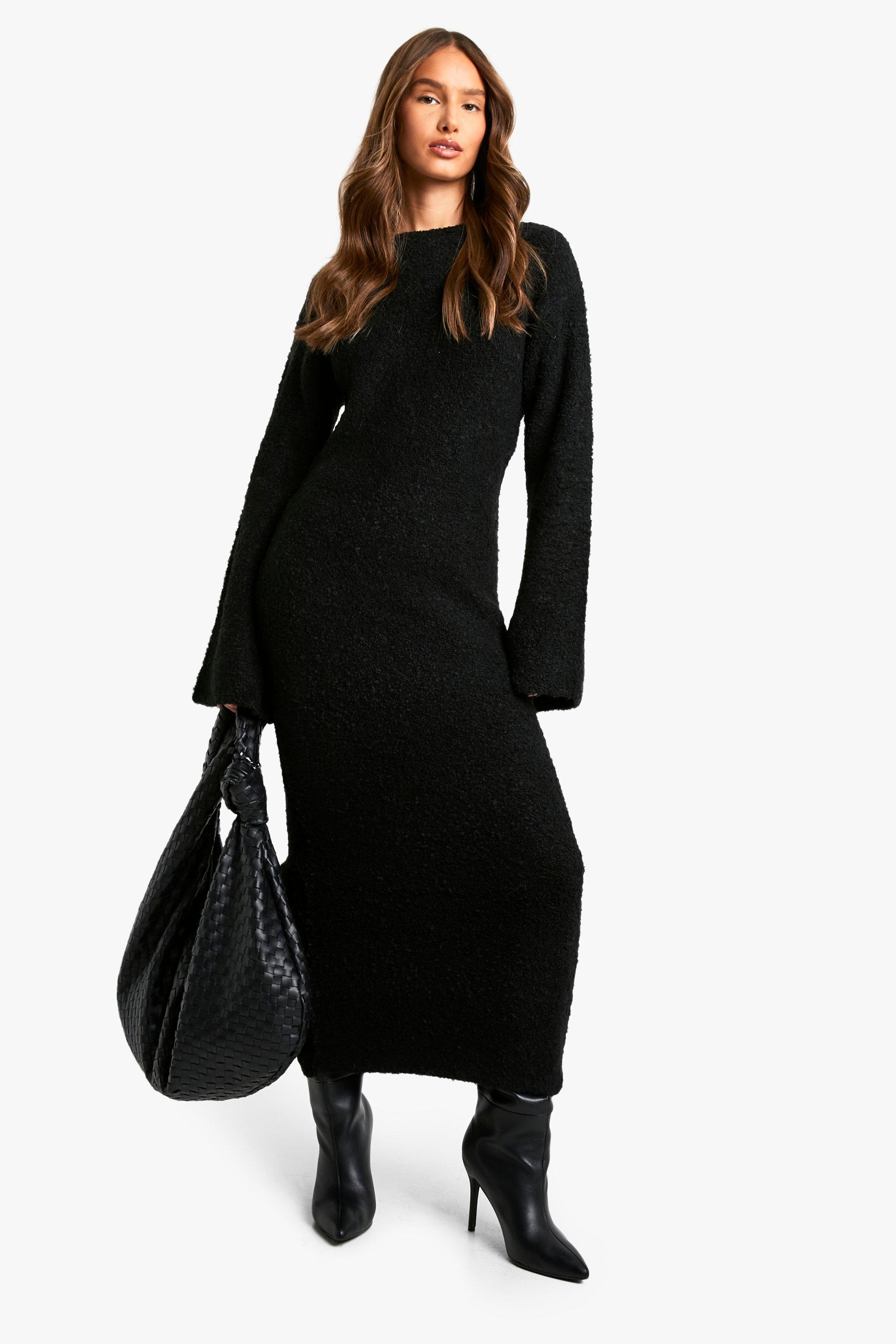 Boohoo Gebreide Pluizige Maxi Jurk Met Wijde Mouwen, Black