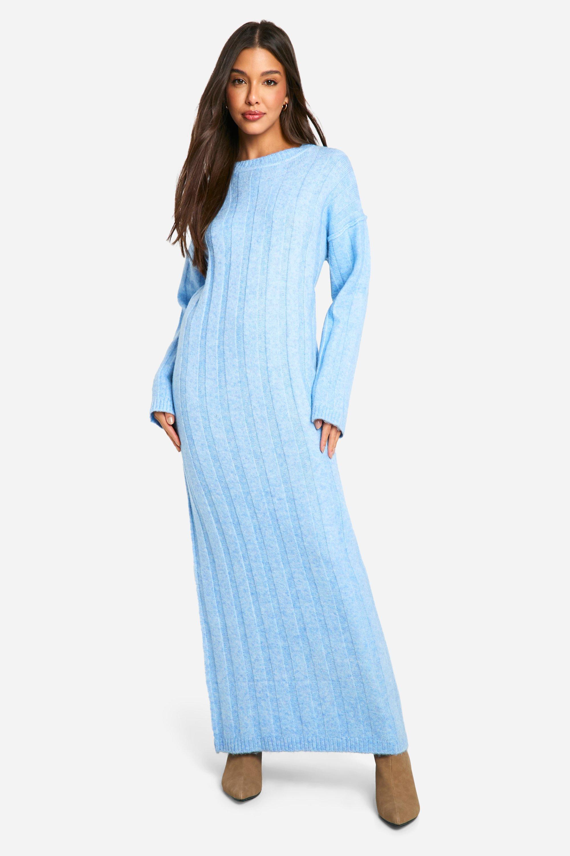 Boohoo Brede Zachte Geribbelde Gebreide Maxi Jurk, Sky Blue