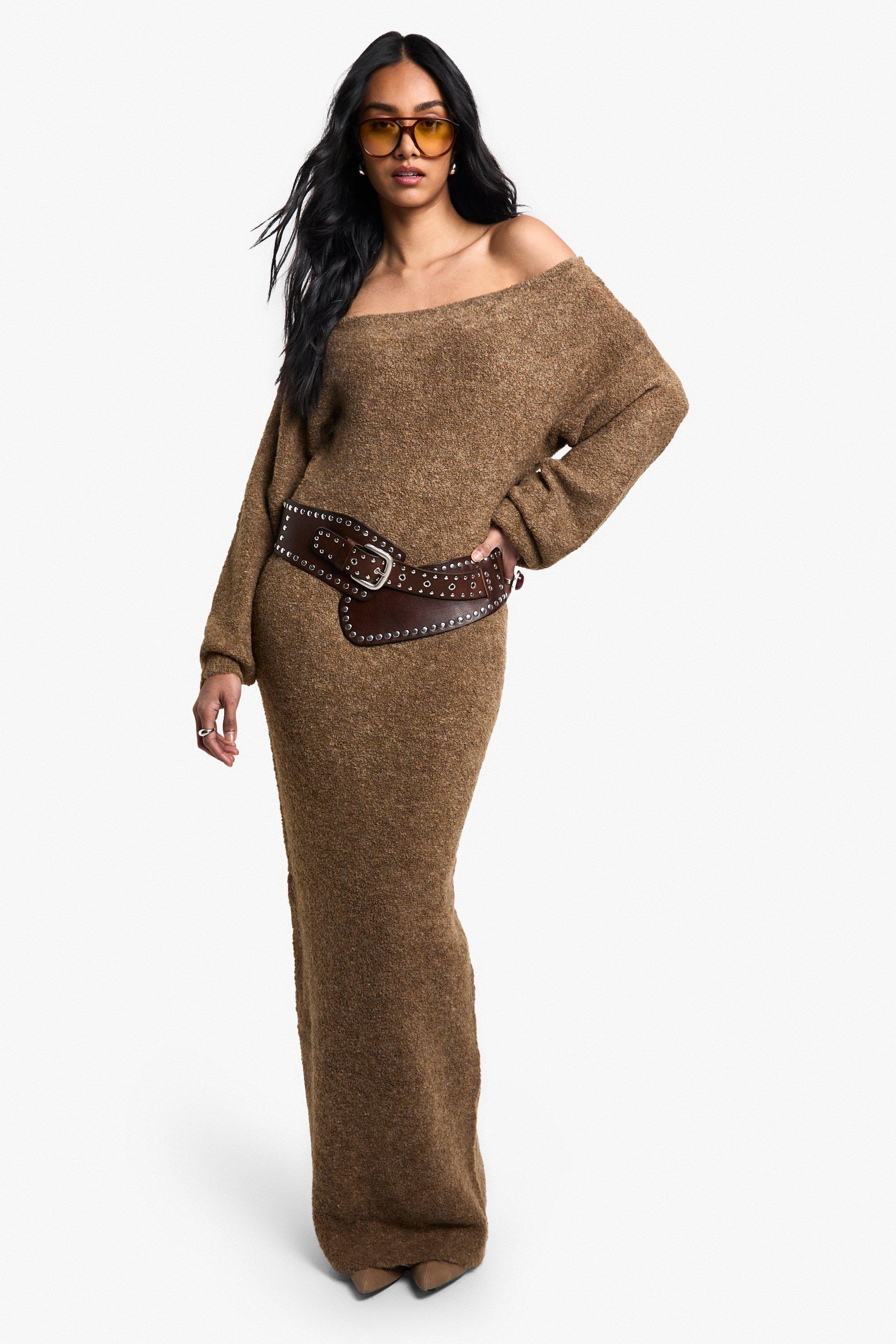 Boohoo Nepwollen Gebreide Maxi Jurk Met Open Schouders, Camel