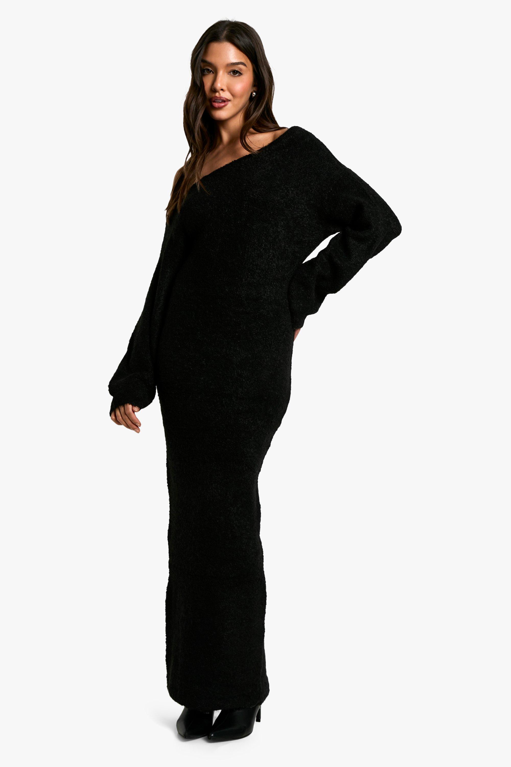 Boohoo Nepwollen Gebreide Maxi Jurk Met Open Schouders, Black