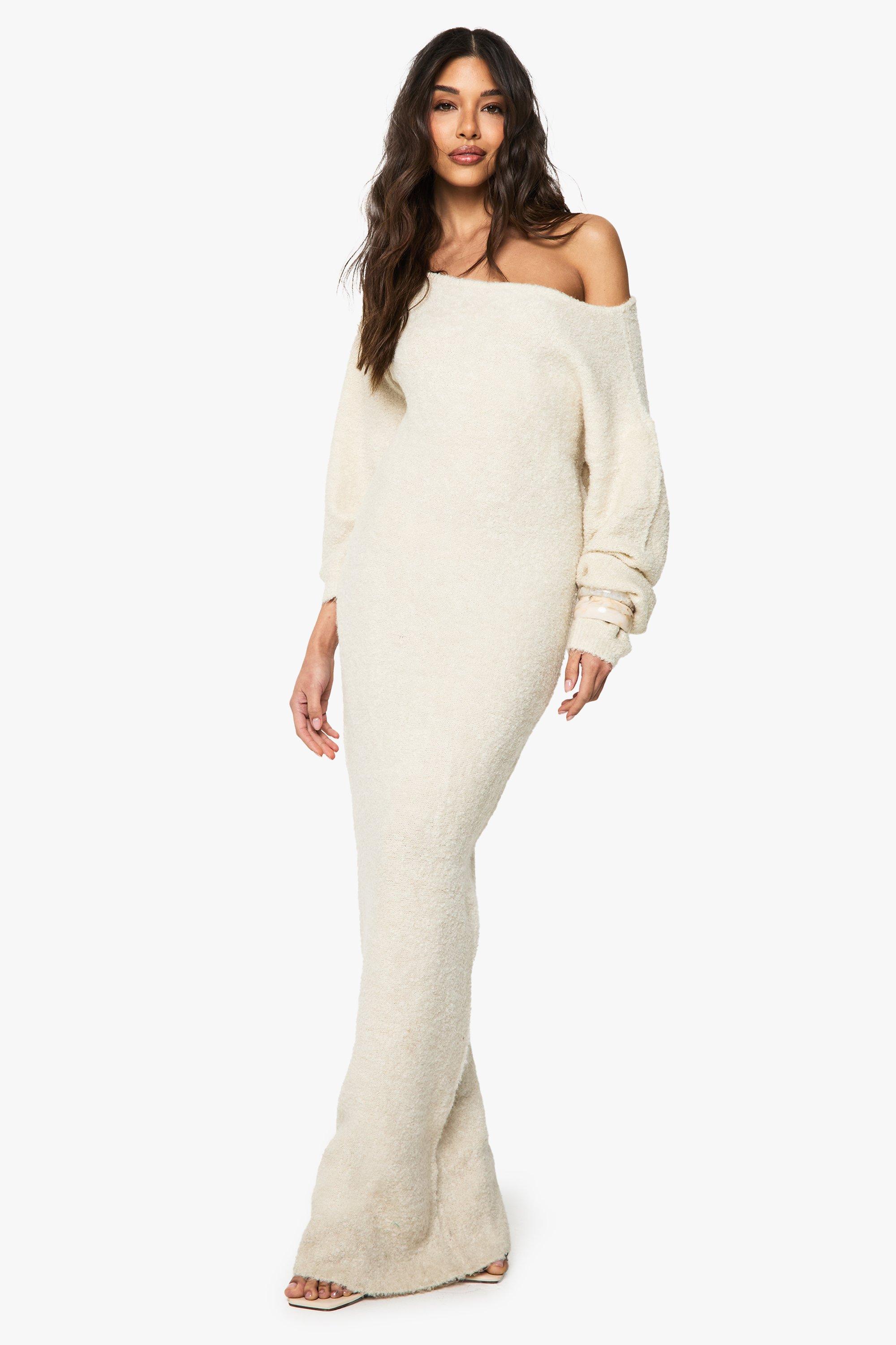 Boohoo Nepwollen Gebreide Maxi Jurk Met Open Schouders, Cream
