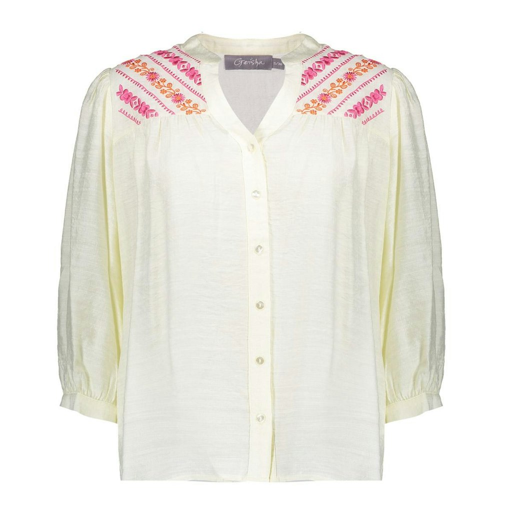 Geisha blouse embroidery at yoke 3/4 sl 53401-14 10 off-white/fuchsia