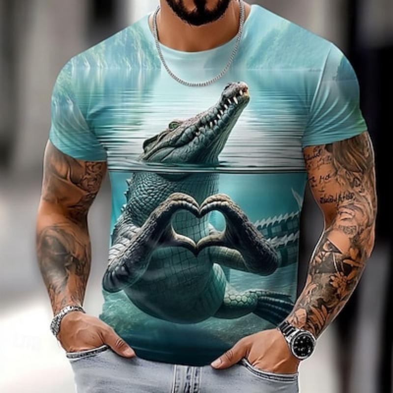 ETST 007 Krokodil grappig T-shirt met korte mouwen voor heren, 3D-print, ronde hals, overdreven designer, feest, vakantie, blauwe zomer, lentekleding S
