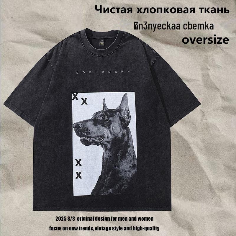 AI Supermarket Unisex Amerikaans Retro Distressed Doberman Print T-shirt met korte mouwen M