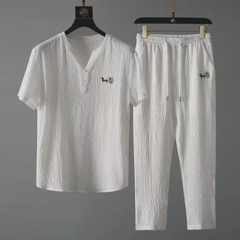 PulseTrade 2024 Heren Zomer V-hals Chinese Stijl Geborduurd Casual Sportpak - Korte Mouwen, Tweedelig M zwart