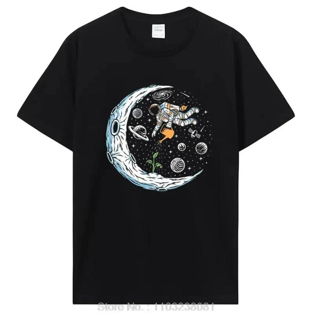 Comfortable season Heren T-shirt 100% katoen Casual grappig astronautenontwerp Print Losse O-hals T-shirt voor heren Korte mouw T-shirt Hiphop Tops Tees S beige