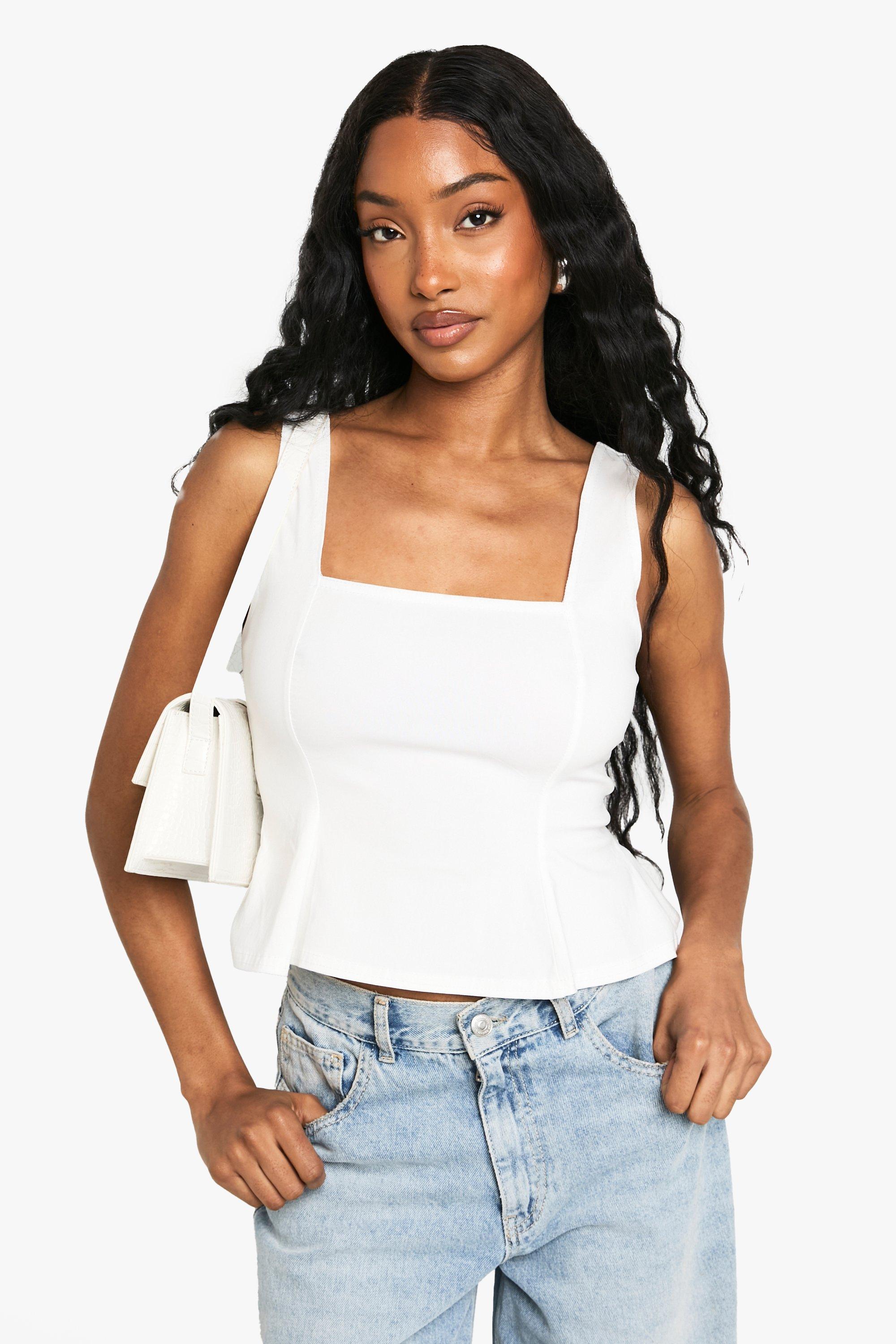 Boohoo Bengaline Peplum Top Met Vierkante Hals, White