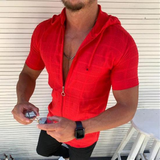 Jixiangzhizhi Heren T-shirt met capuchon, korte mouwen, geruit T-shirt met rits, casual dun zomertopje voor sport, vrije tijd, buiten, strand M rood