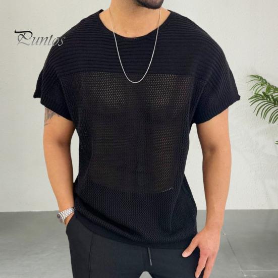 DILLER Heren tops ronde hals korte mouwen effen kleur stiksel ontwerp T-shirt gebreid hol mesh ontwerp trui tops M zwart