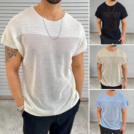 Xingtengrui Heren tops ronde hals korte mouwen effen kleur stiksel ontwerp T-shirt gebreid hol mesh ontwerp trui tops M wit