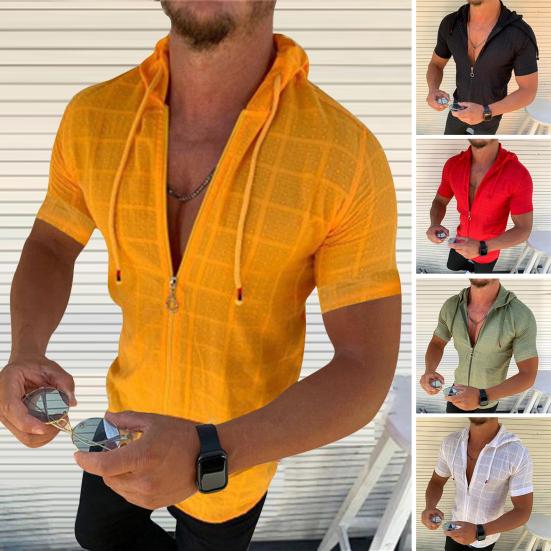 Xingtengrui Heren T-shirt met capuchon, korte mouwen, geruit T-shirt met rits, casual dun zomertopje voor sport, vrije tijd, buiten, strand M wit