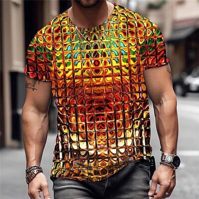 HerSight Heren T-shirt Grafisch Geometrisch Metallic Shirt Ronde Hals Kleding Kleding 3D Print Outdoor Dagelijkse Print Vintage Korte Mouw Shirt S goud